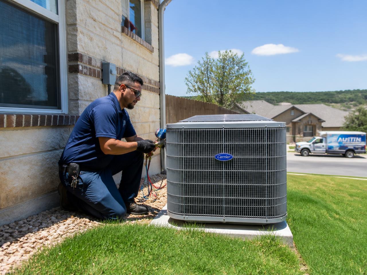 Cool-Tex technician repairing an outdoor AC unit at a Buda, TX home